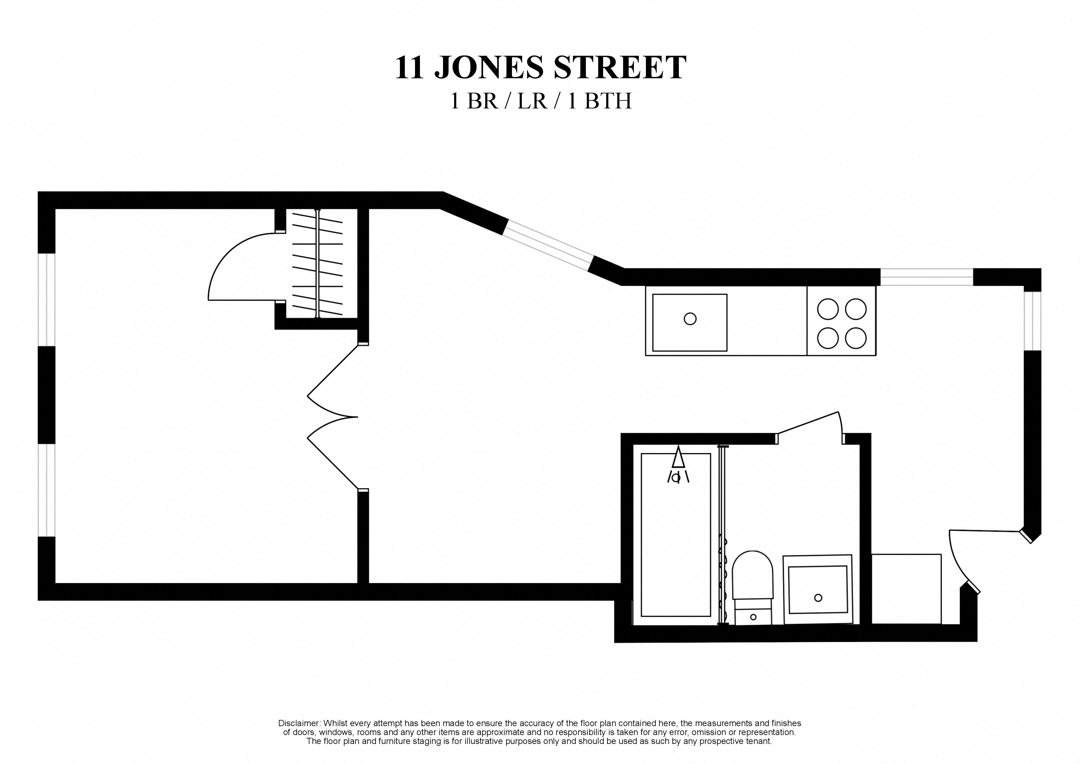 Floor plan for 1 bed, 1 bath